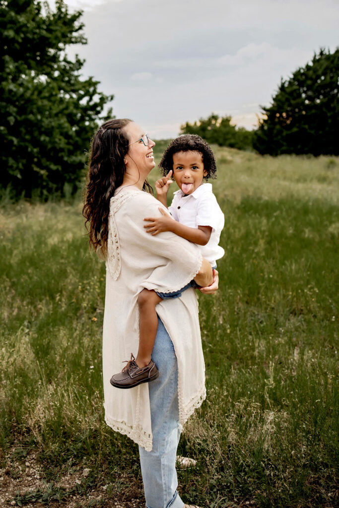 mom and son at a family photo session in Plano Texas